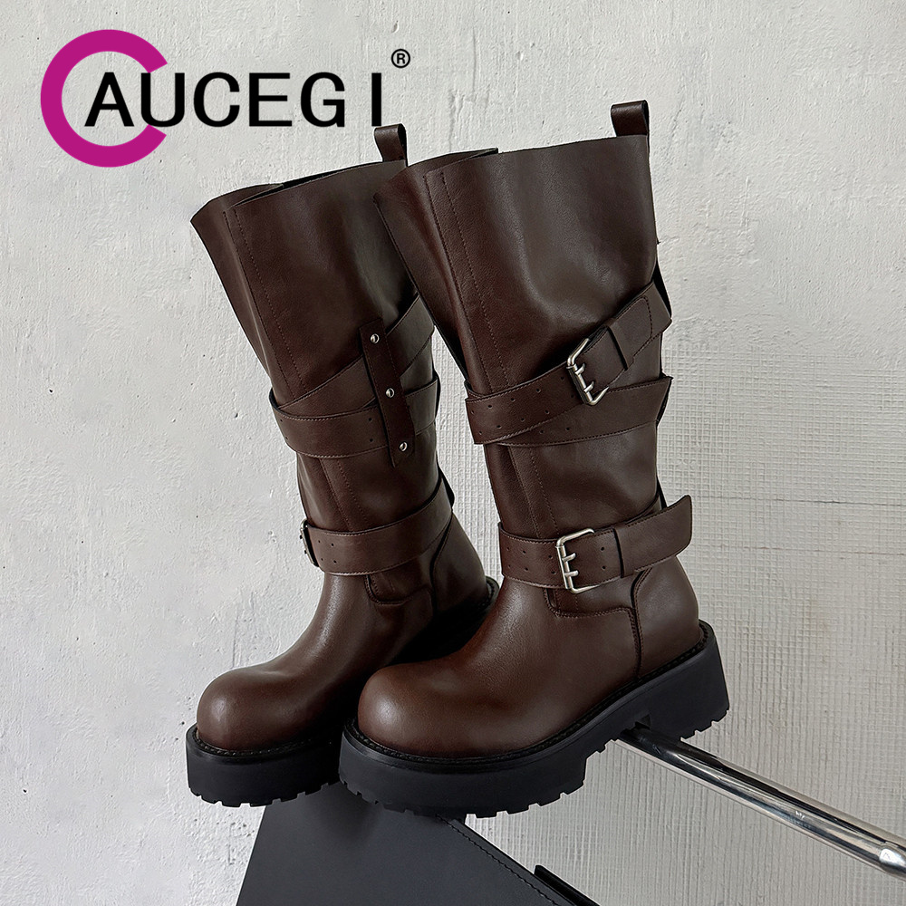 Leather Classic Strap - Aucegi Echtes Leder Plattform Block Heels