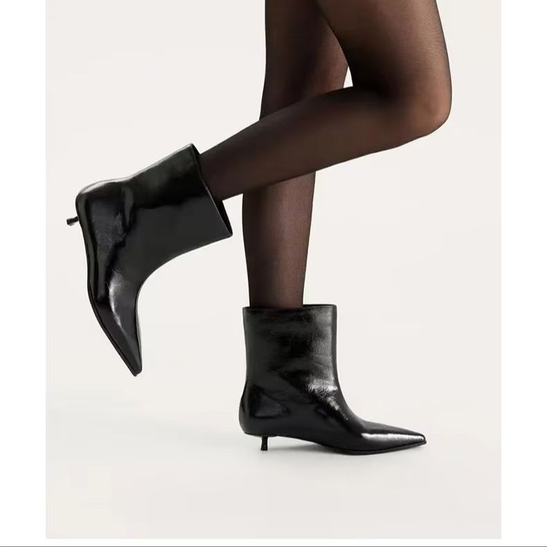 Leather Classic Strap - Neue Herbst-Winter-Damen-Stiefeletten aus schwarzem, glänzendem Leder,